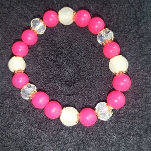 (New) Pink, White & Clear Beaded Fashion Bracelet With Gold Accents
